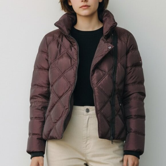 Tommy Hilfiger Deep Purple‎ Iridescent Puffer Jacket • Faux Fur Collar Short M - Picture 1 of 8